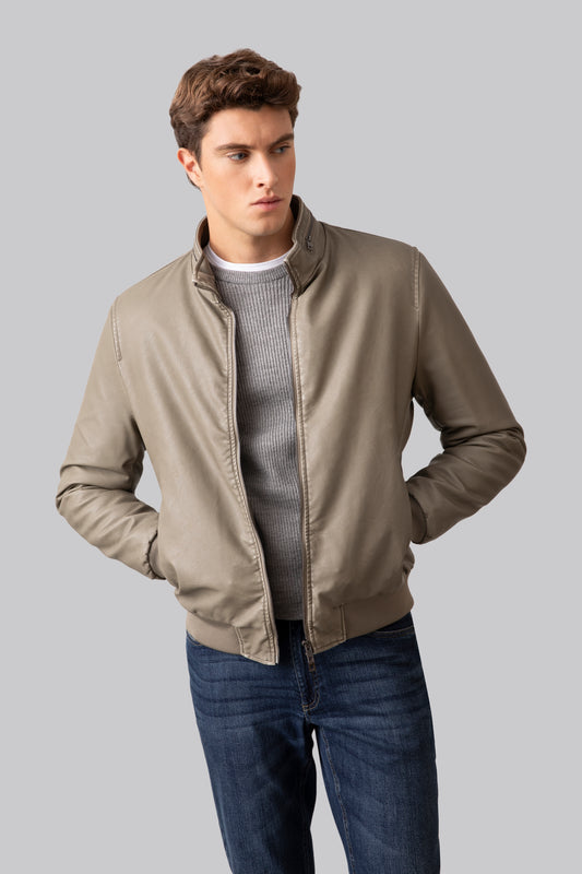 Washed effect padded eco-leather jacket