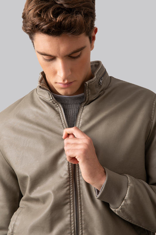 Washed effect padded eco-leather jacket