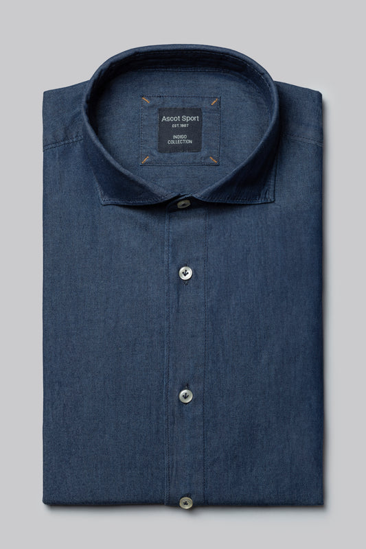 Camicia collo classico in denim di cotone lavaggio blu scuro