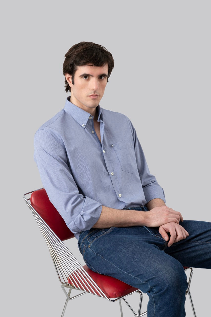 Camicia button down micro quadro in 100% popeline di cotone