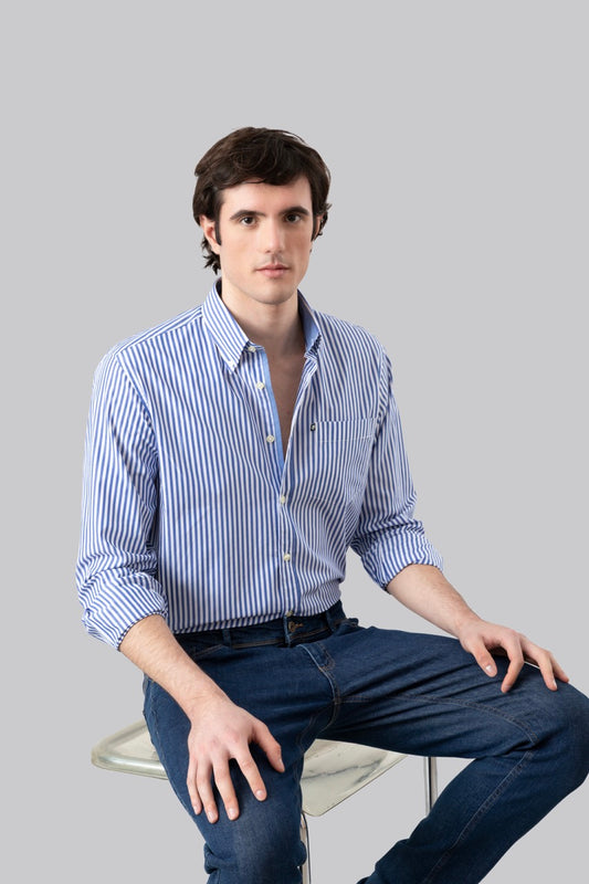 Camicia button down rigata in 100% popeline di cotone