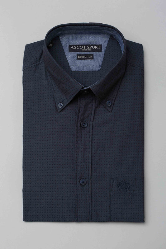 Camicia blu con jacquard effetto pois