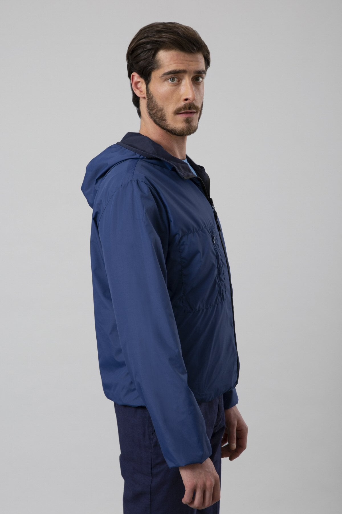 Reversible jacket with hood