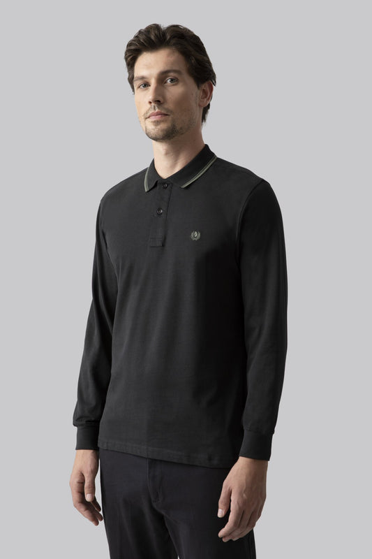 Long-sleeved cotton suede polo shirt