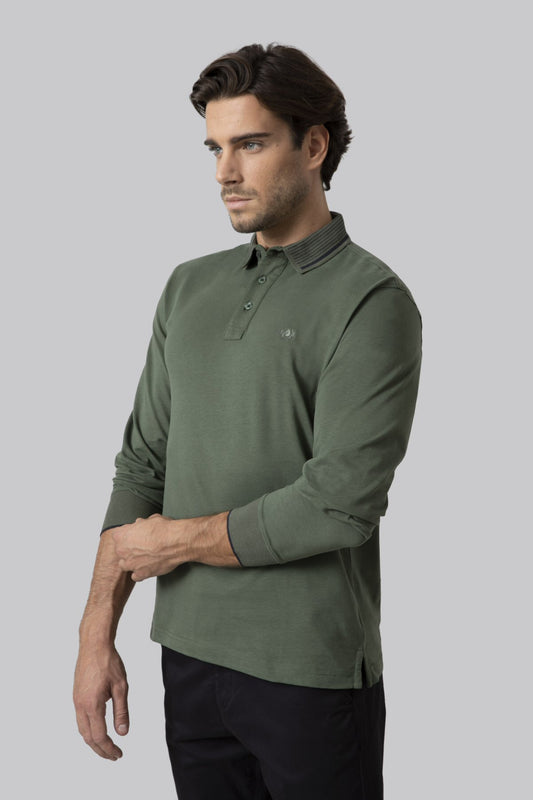 Long-sleeved cotton suede polo shirt