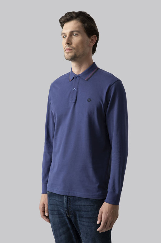 Long-sleeved cotton suede polo shirt