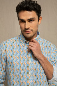 Camicia stampa foglia in misto lino cotone