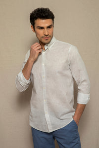 Camicia stampa micro disegno sfumato in misto lino cotone