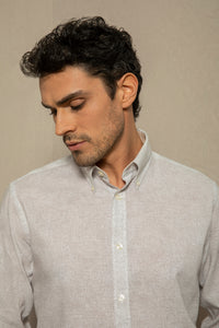 Camicia stampa micro disegno sfumato in misto lino cotone