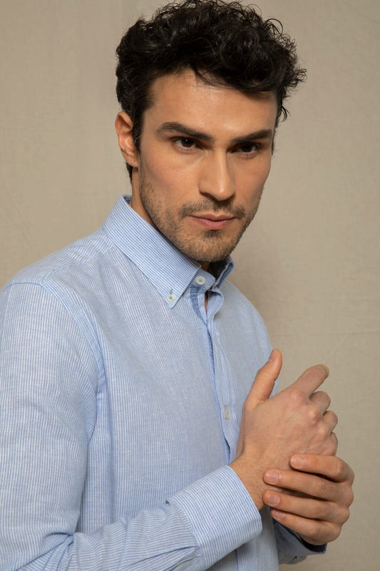 Camicia in fantasia in misto lino cotone riga piccola