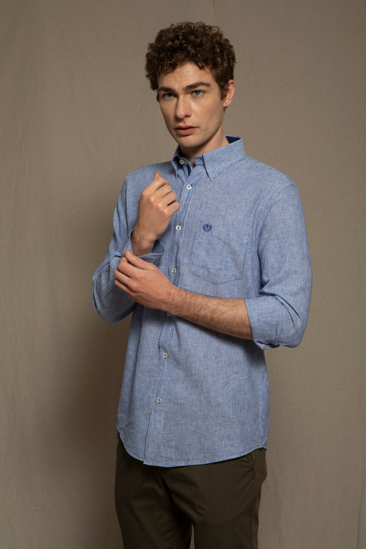 Camicia in fantasia in misto lino cotone riga piccola