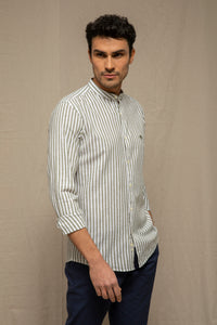 Camicia coreana in fantasia misto lino cotone riga media