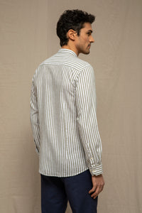 Camicia coreana in fantasia misto lino cotone riga media