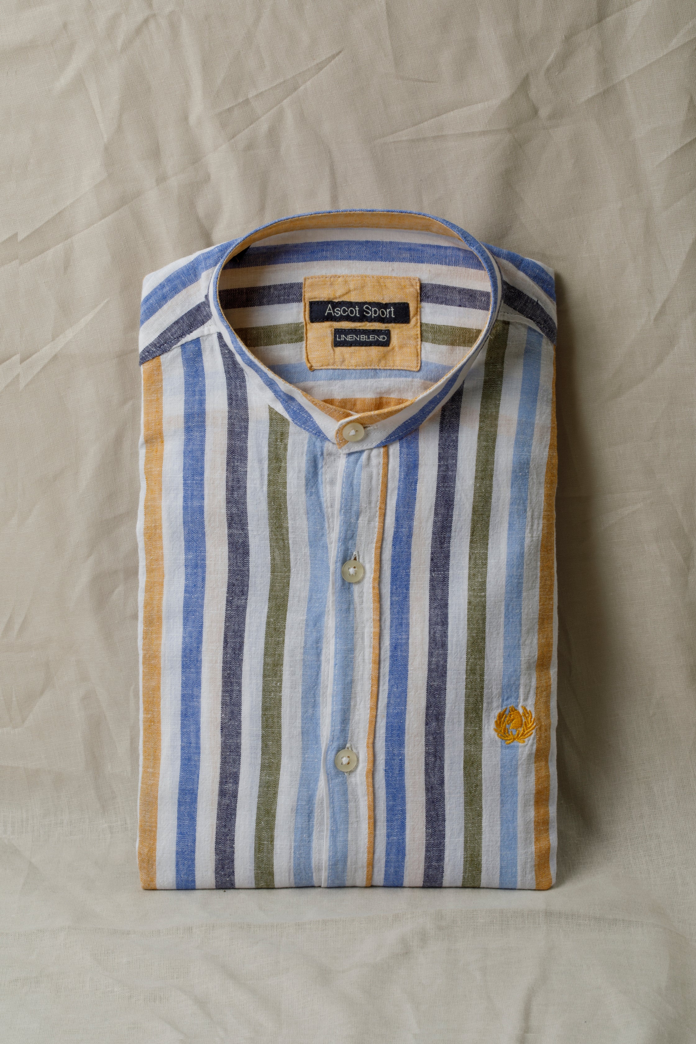 Camicia coreana in fantasia misto lino cotone riga multicolor