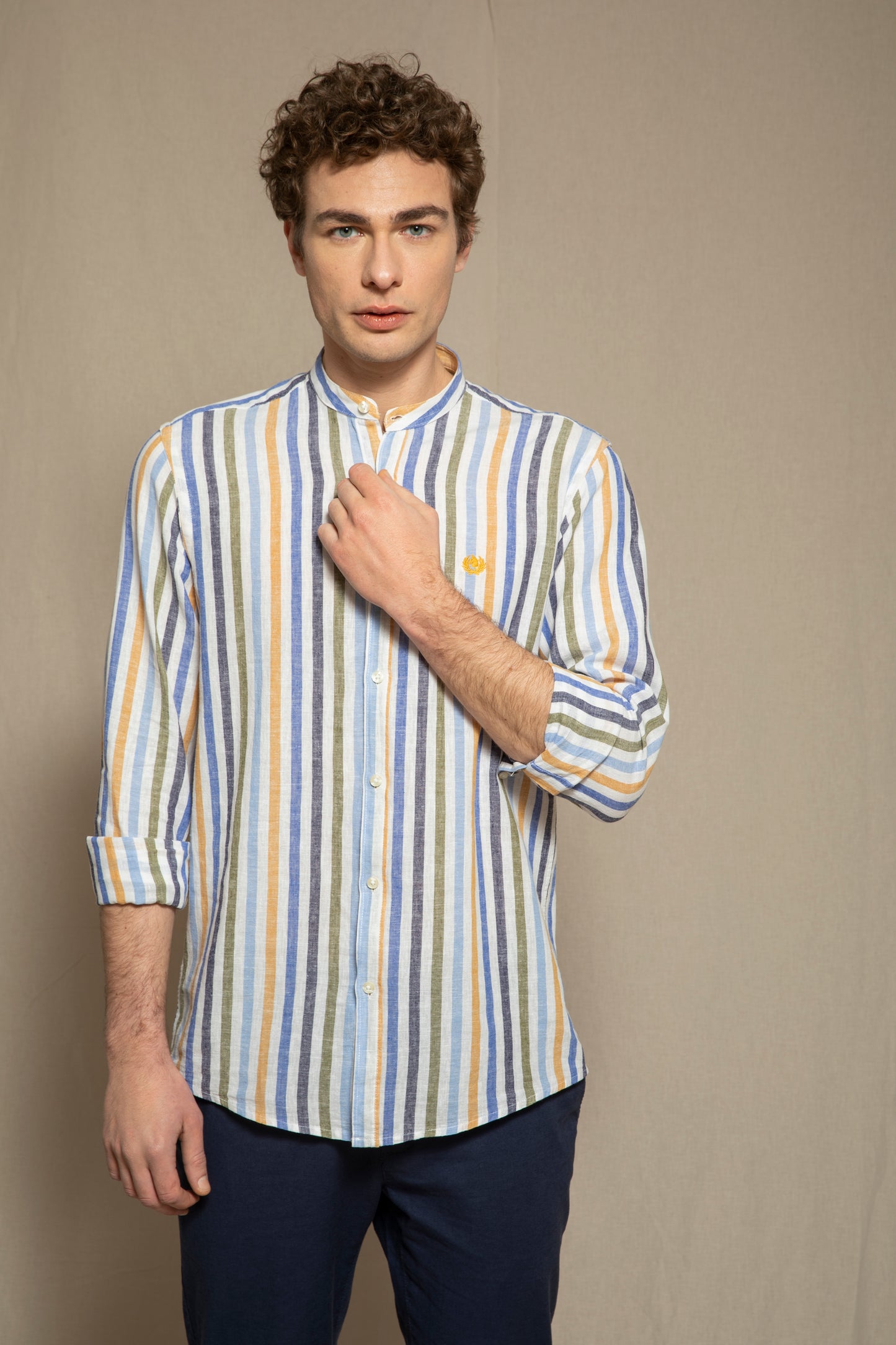Korean shirt in a linen and cotton blend pattern with multicolor stripes
