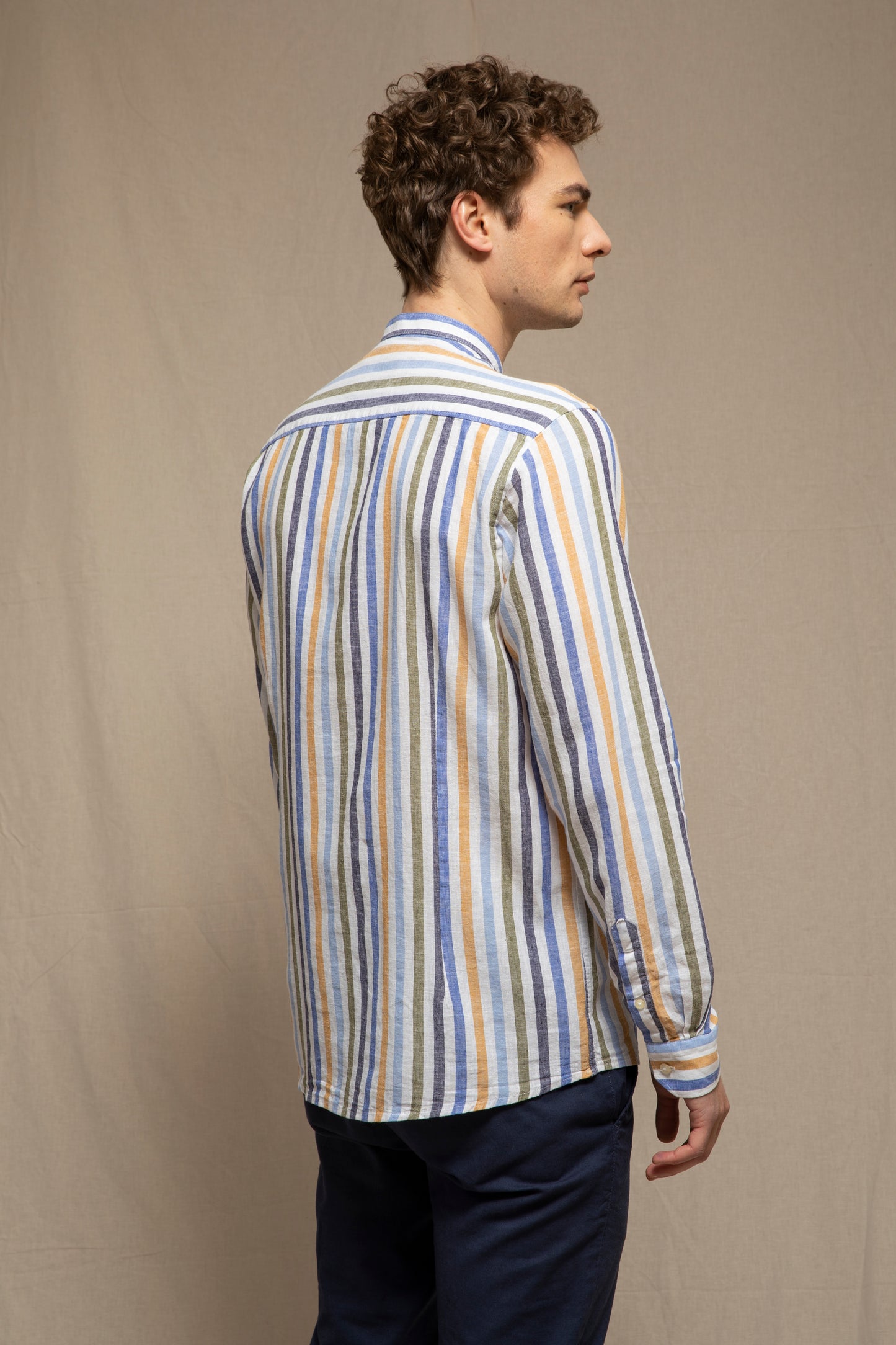 Korean shirt in a linen and cotton blend pattern with multicolor stripes